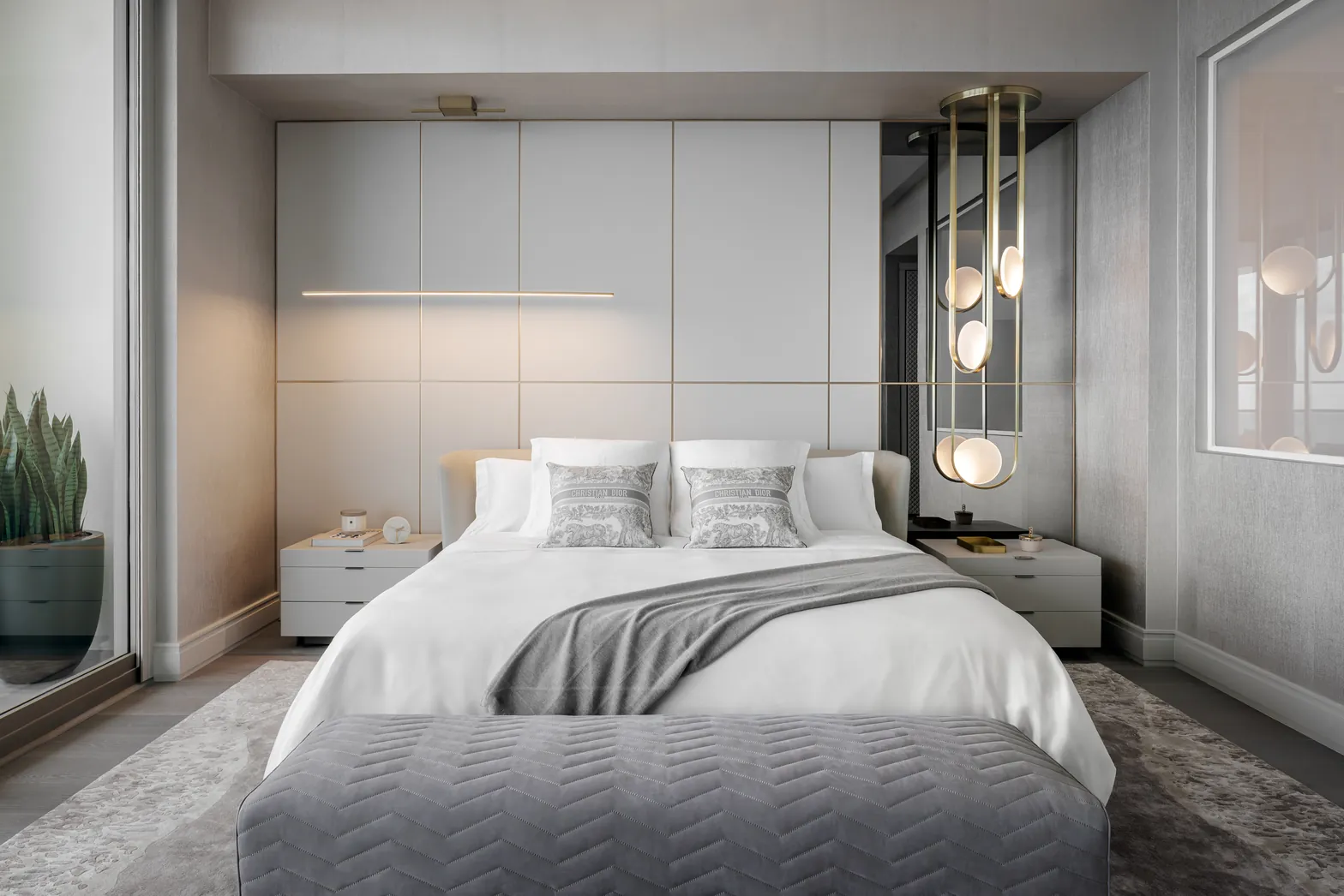 Master bedroom with lacquer panel wall, linear LED detail and brass ring pendant, Acqualina 2303, Sunny Isles Beach