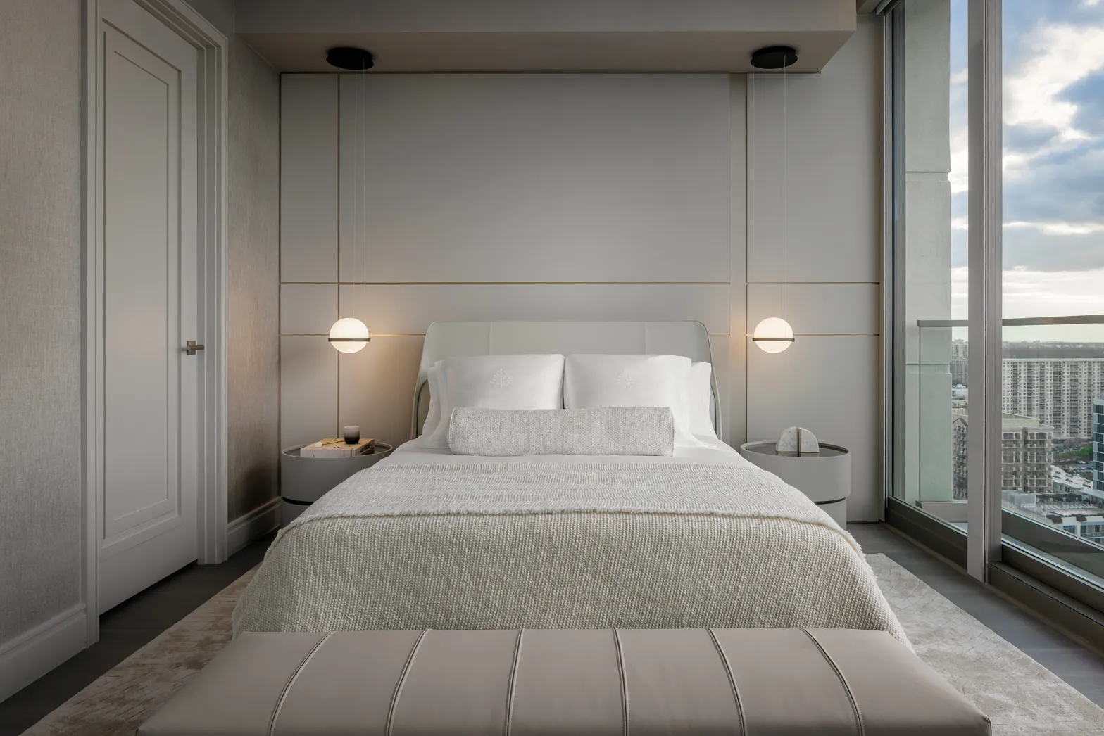 Guest bedroom with leather headboard, Vibia globe pendants and city view, Acqualina 2303, Sunny Isles Beach