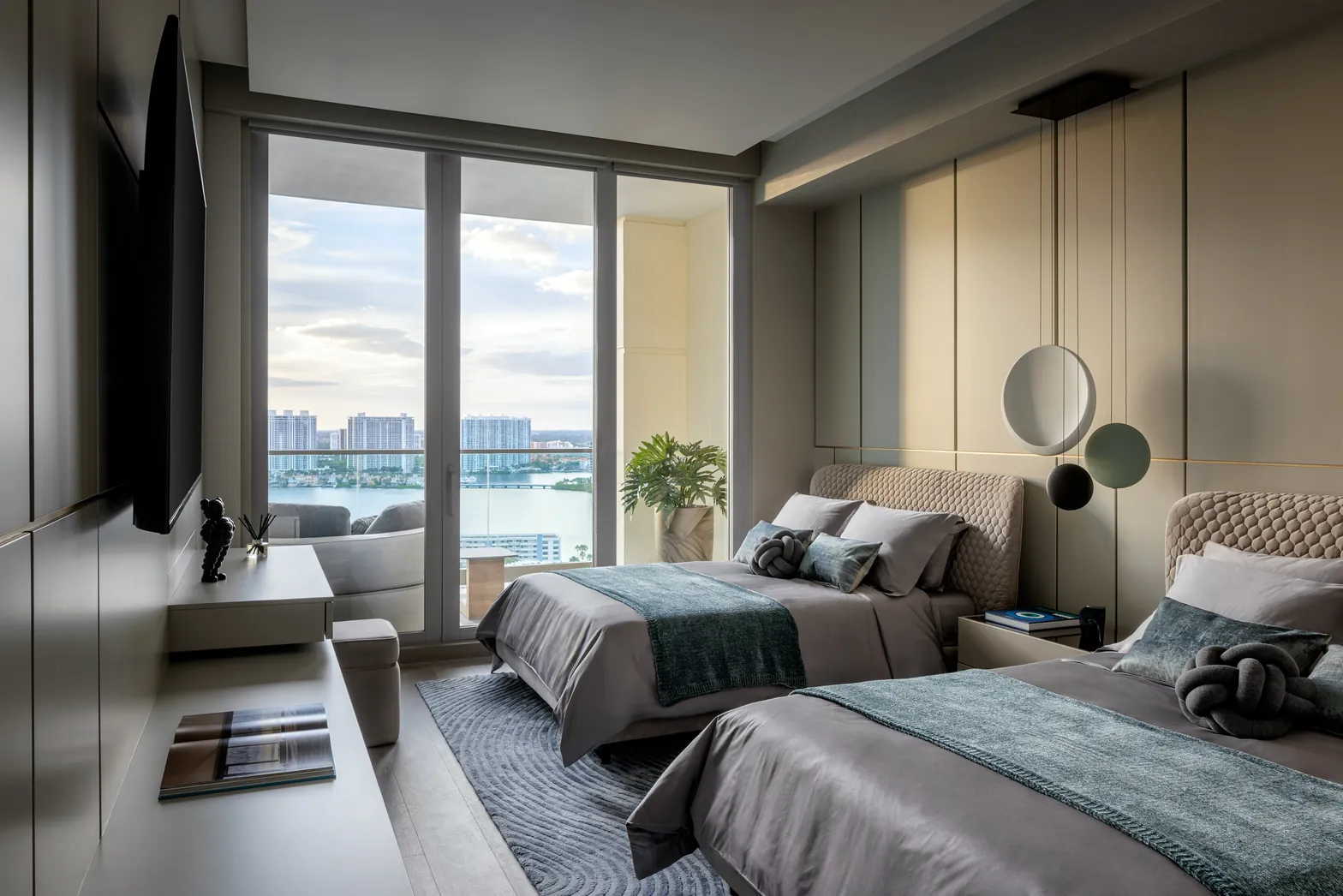 Boys' room with twin quilted beds, Vibia pendant and bay view, Acqualina 2303, Sunny Isles Beach