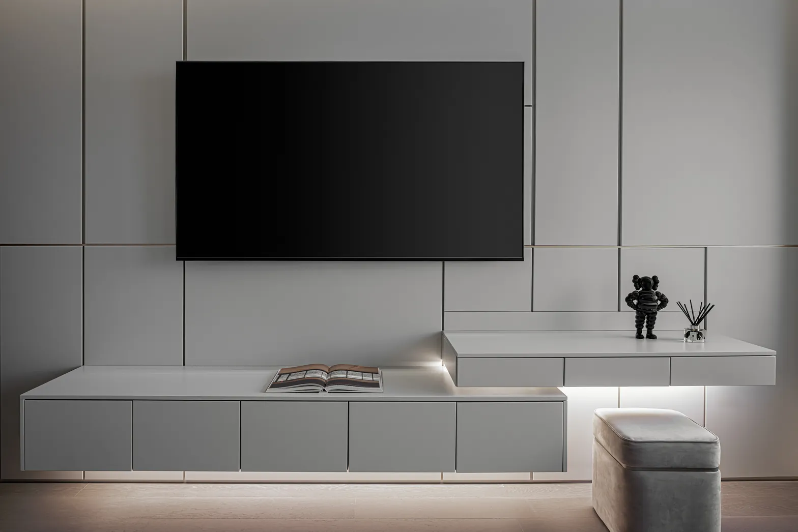 Boys' room floating lacquer TV console and desk with integrated LED lighting, Acqualina 2303, Sunny Isles Beach