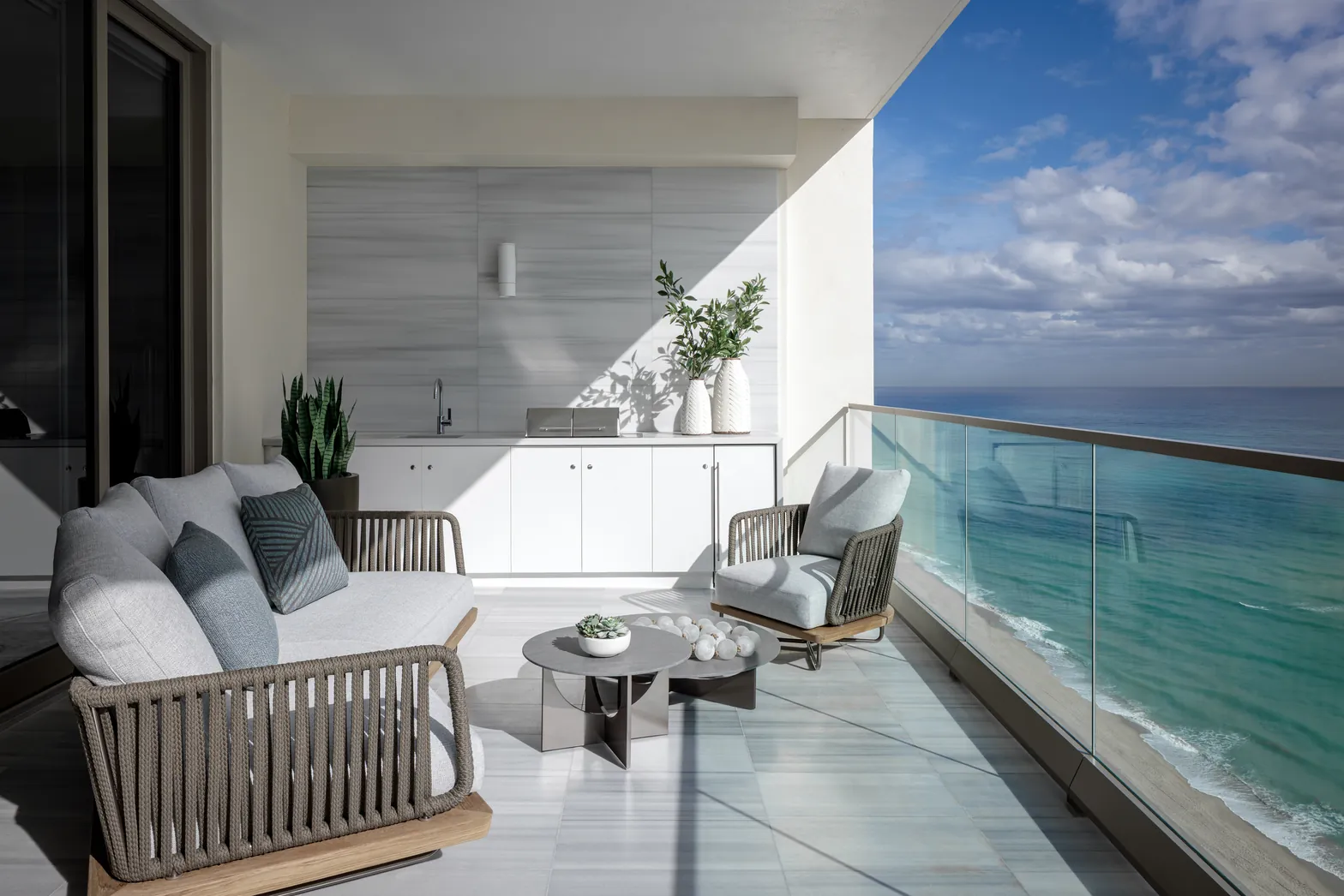 Oceanfront terrace with Minotti outdoor seating and outdoor kitchen, Acqualina 2303, Sunny Isles Beach