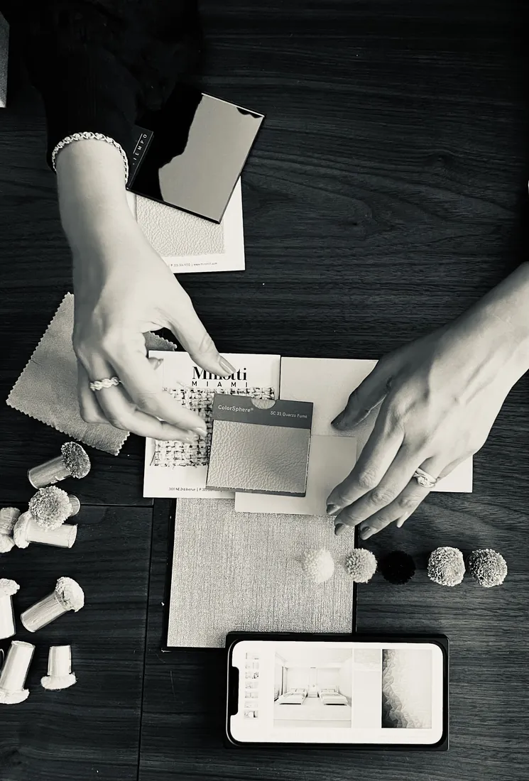 Construction process: Minotti leather and fabric samples reviewed against the boys' room rendering, Acqualina 2303