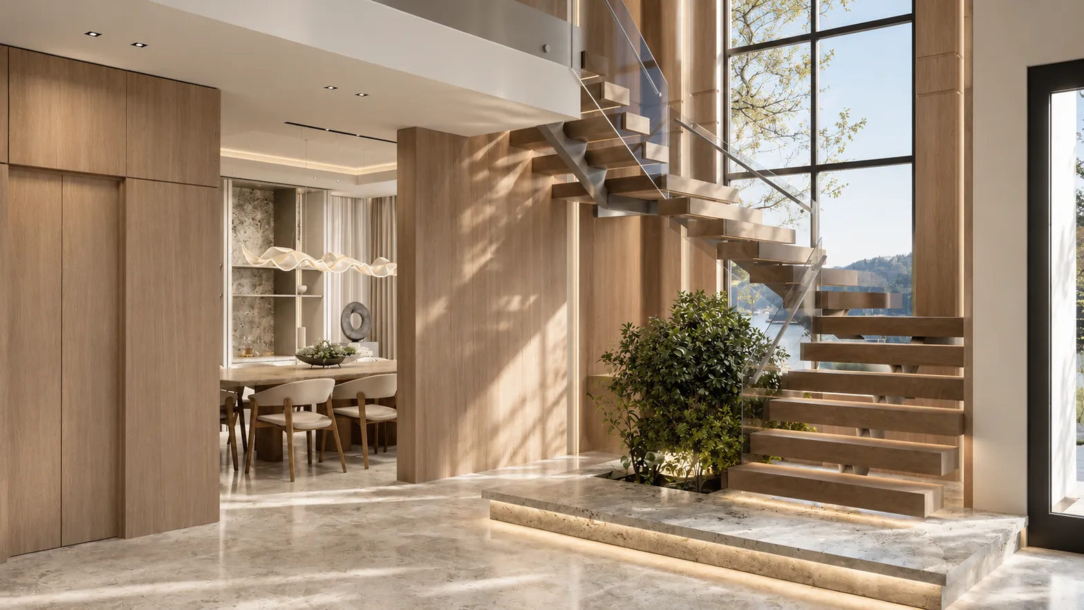 Double-height entry with floating oak staircase and lake view, Pines Lake Residence, New Jersey, Lacruz Design Studio