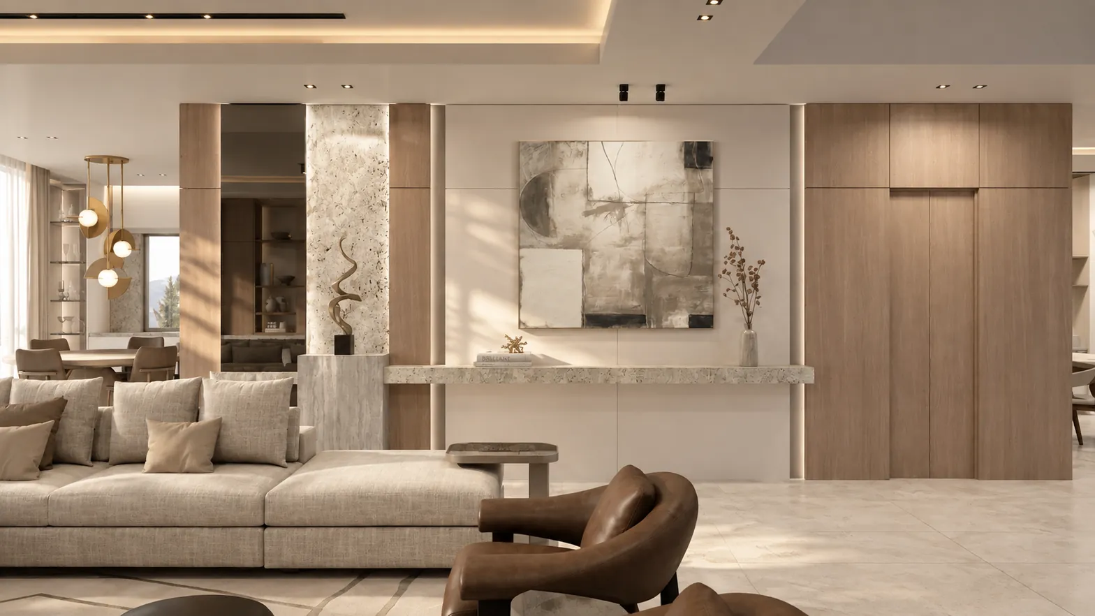 Living room art wall with floating stone console and oak panels, Pines Lake Residence, New Jersey, Lacruz Design Studio