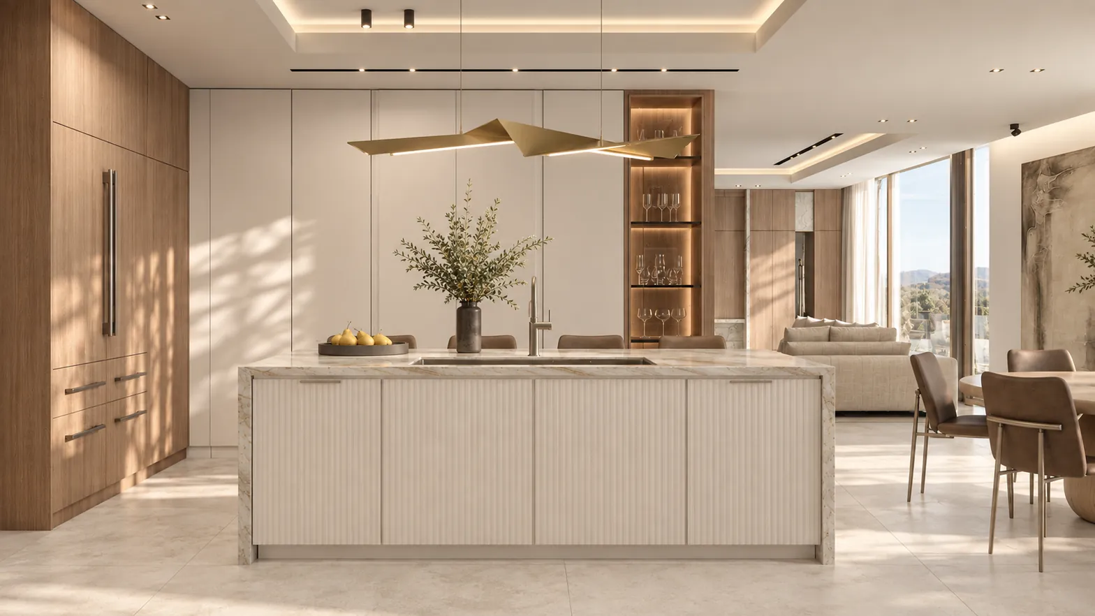 Kitchen island with fluted cabinetry and oak tall units, Pines Lake Residence, New Jersey, Lacruz Design Studio