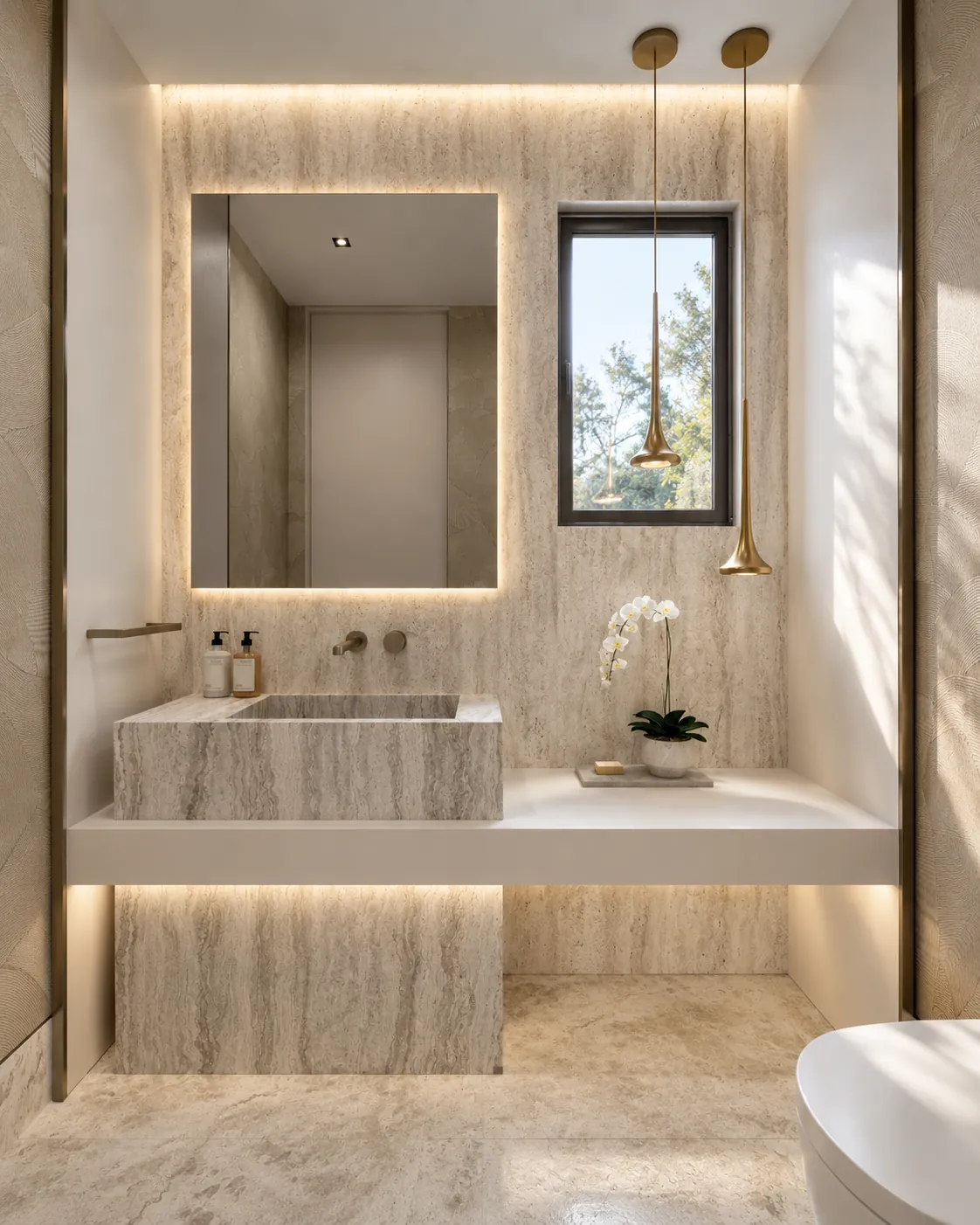 Powder room with travertine sink, backlit mirror and brass pendants, Pines Lake Residence, New Jersey, Lacruz Design Studio