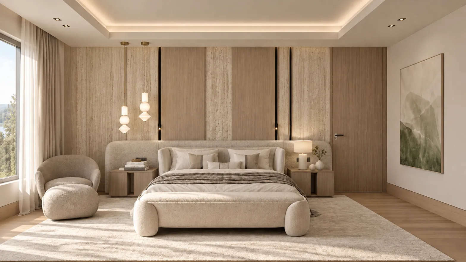 Primary bedroom with upholstered bed and travertine and oak wall panels, Pines Lake Residence, New Jersey, Lacruz Design Studio