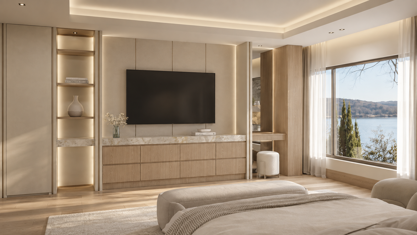 Pines Lake Residence master bedroom · tv wall, Lacruz Design Studio