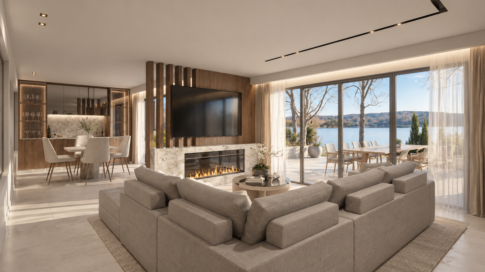 Pines Lake Residence living room · lake view, Lacruz Design Studio