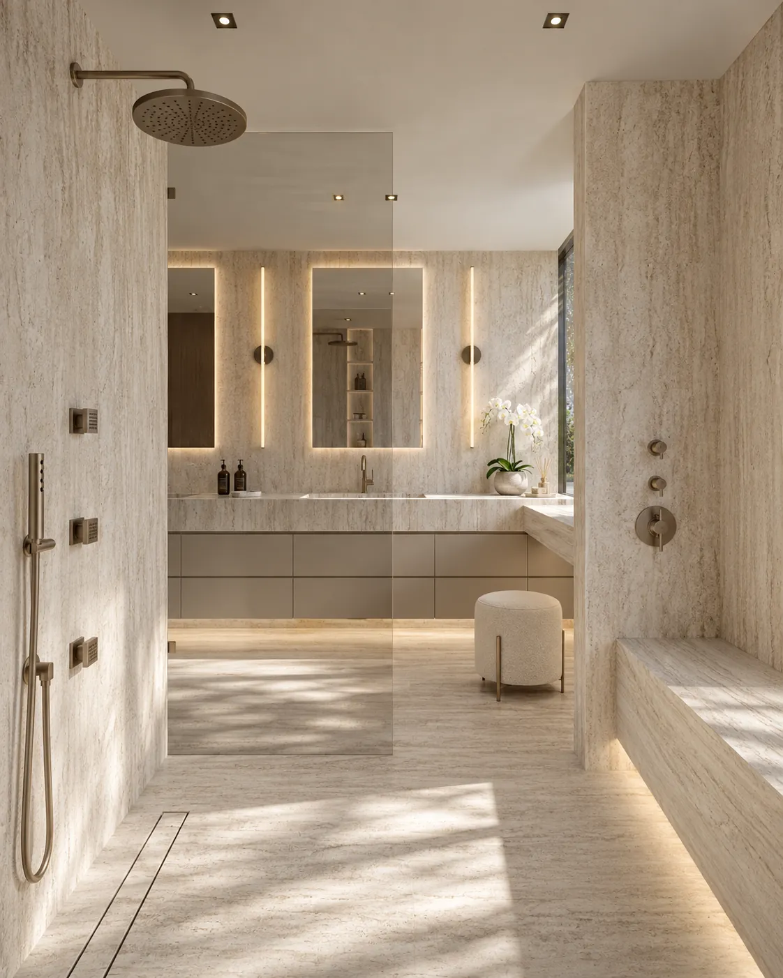 Primary bathroom with travertine walk-in shower and double vanity, Pines Lake Residence, New Jersey, Lacruz Design Studio