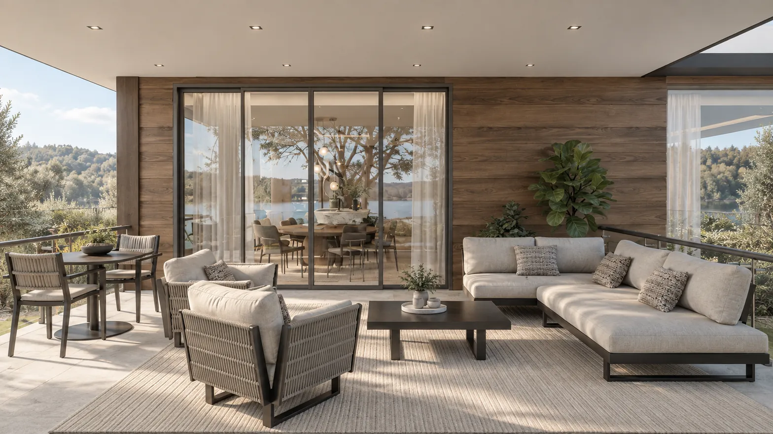 Covered terrace lounge with lake view, Pines Lake Residence, New Jersey, Lacruz Design Studio