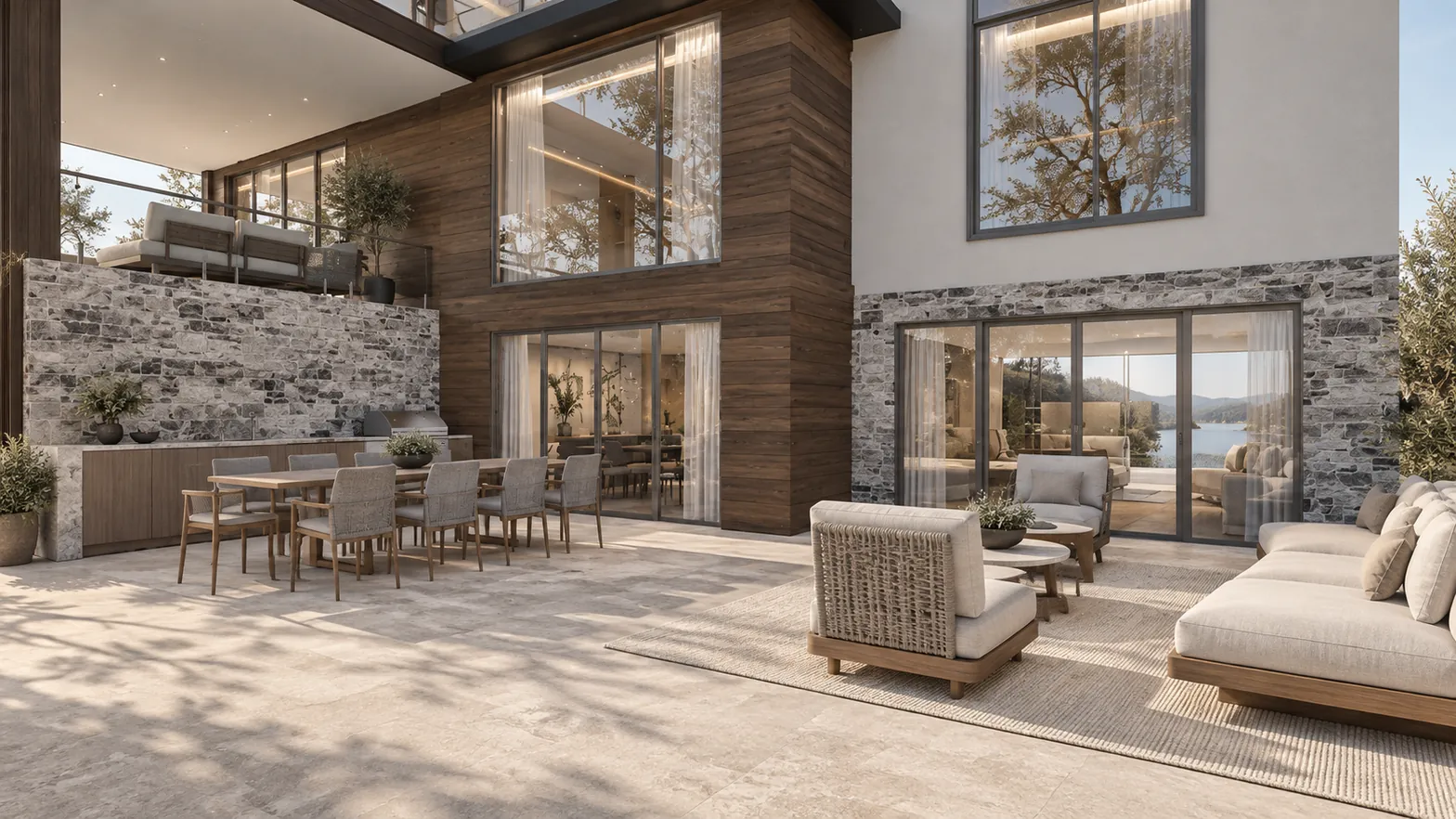 Outdoor terrace with dining area, summer kitchen and lounge, Pines Lake Residence, New Jersey, Lacruz Design Studio