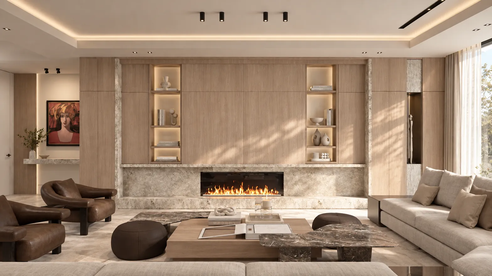 Living room with linear fireplace, oak paneling and stone surround, Pines Lake Residence, New Jersey, Lacruz Design Studio