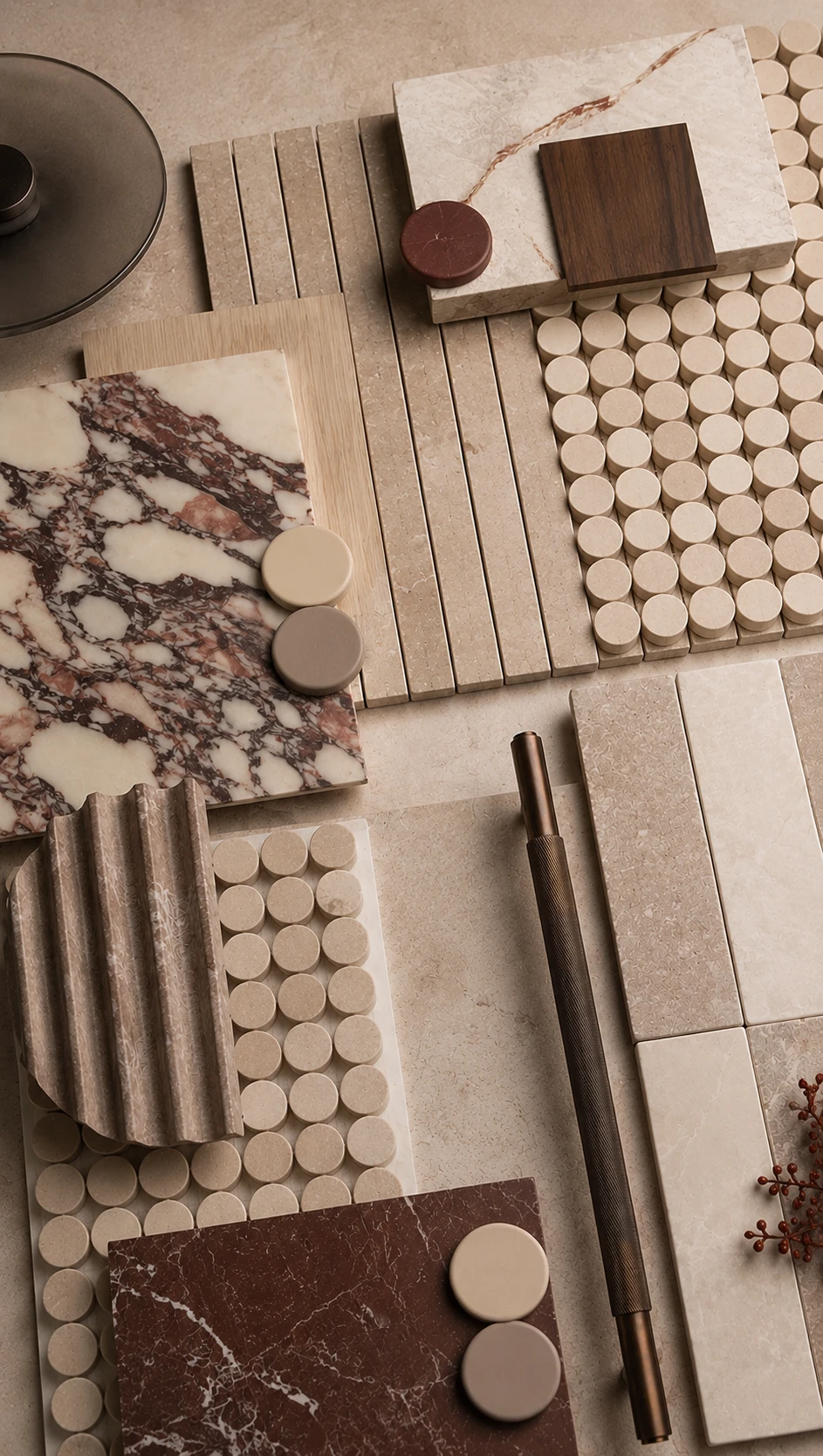 West Ridge Residence finishes palette — rosso marble, chipolino, travertino and walnut — Lacruz Design Studio